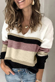 Khaki Casual Color-Block Striped Long Sleeve V Neck Sweater