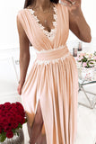 Crochet V Neck Sleeveless Ruched High Waist Maxi Dress