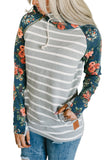 Striped Floral Print Long Sleeve Zipper Hoodie