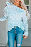 Blue Asymmetrical Ribbon Tie Cold Shoulder Floral Top