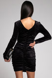Black Long Sleeve Ruched Velvet Dress