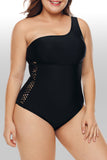 One Shoulder Grid Cutout Side Plus Size Maillot Swimwear