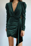 Wrap V Neck Long Sleeve Ruched Velvet Mini Dress