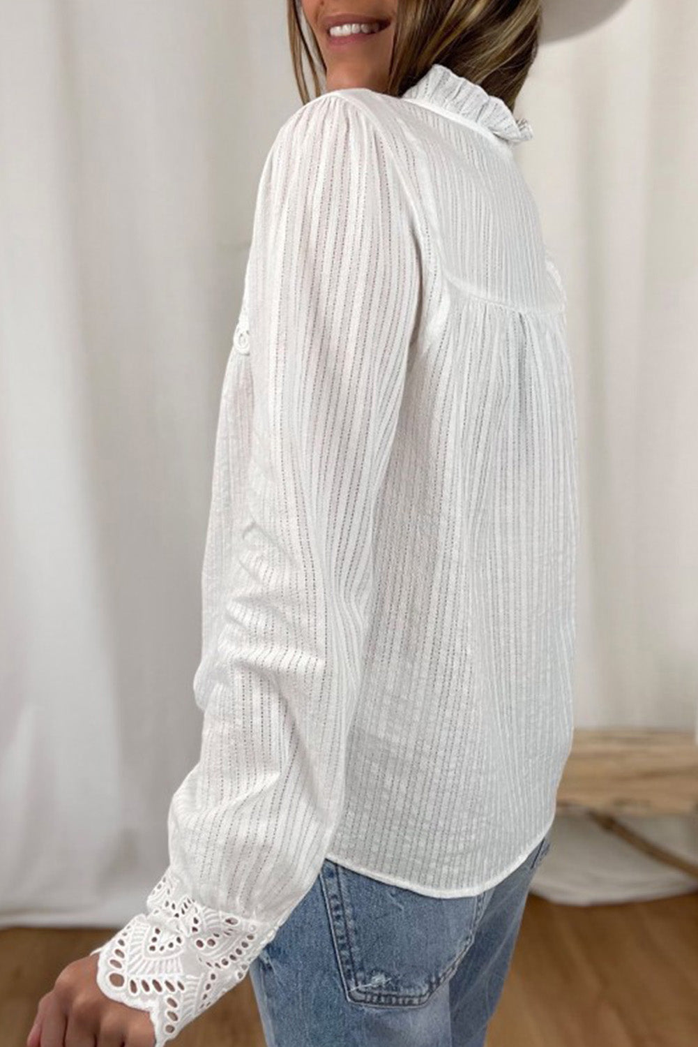 Buttoned Hollow-out Patch Long Sleeve Shirt