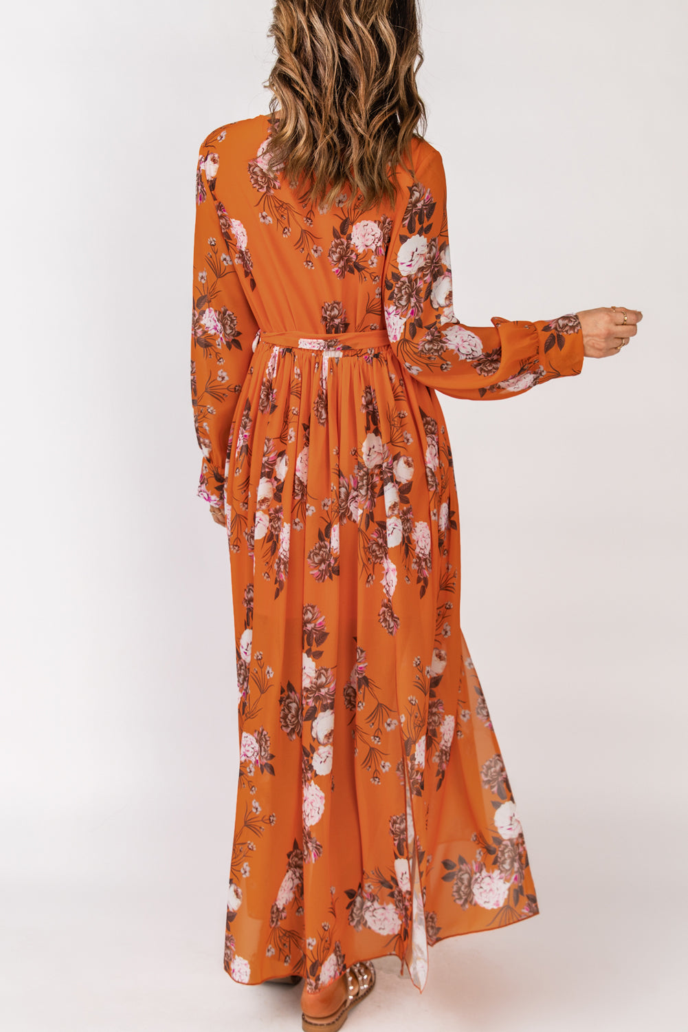 Floral Print Lace-up Ruffled V Neck Maxi Dress with A Slit