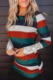 Striped Lace Splicing Long Sleeve Top