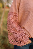 Pink Lace Patchwork Waffle Knit Balloon Sleeve Blouse