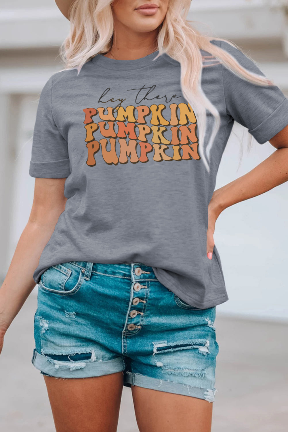 Gray Hey There PUMPKIN Letter Print Crew Neck T Shirt