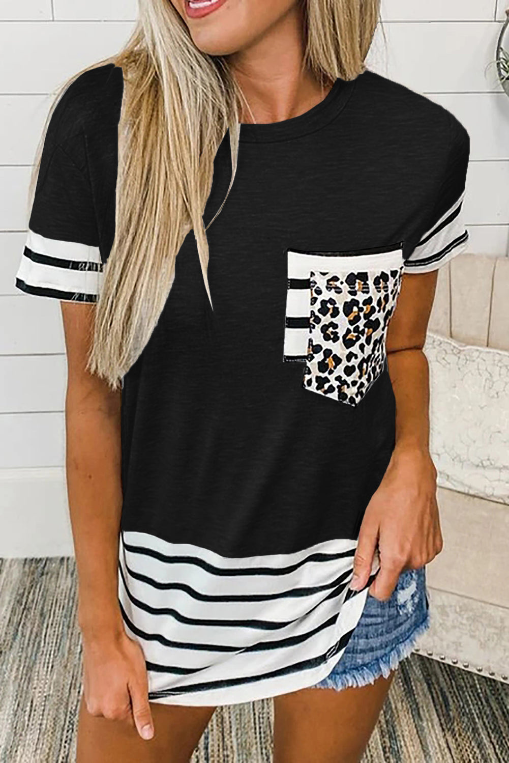 Striped Detail T-shirt with Patch Pocket