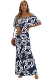Turquoise Roses Print Off-the-shoulder Maxi Dress