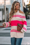 Pink Striped Cold Shoulder Knit Sweater
