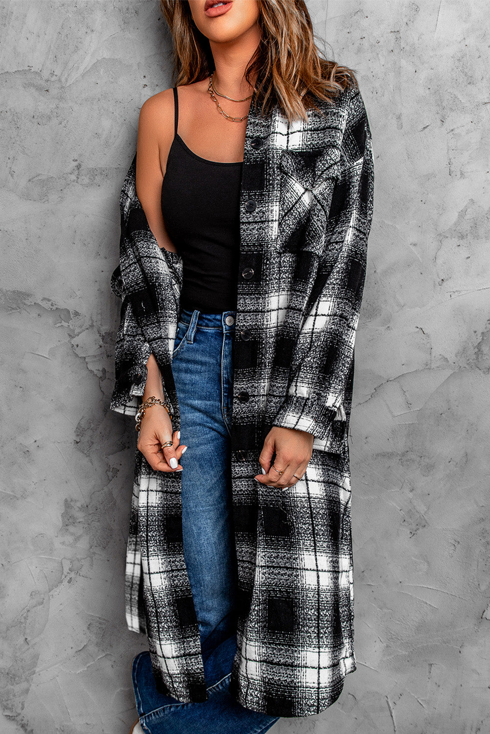 Black Plaid Print Buttoned Pocketed Long Sleeve Long Coat