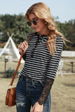 Lace Striped Splicing Hollow-out Button Long Sleeves Top