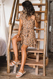 Short Sleeves Button Waist String Ruffled Leopard Mini Dress