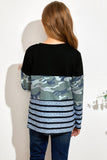 Camo Striped Color Block Girl's Crewneck Long Sleeve Top
