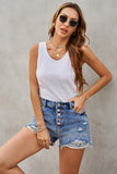 Splicing Button Fly Distressed Denim Shorts