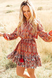 Western Pattern Print Lantern Sleeve Drawstring Mini Dress
