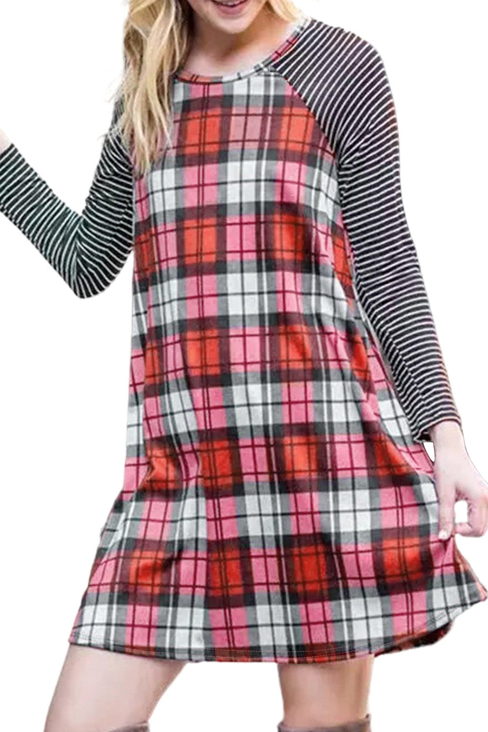 Plaid Striped Splicing Raglan Sleeve Mini Dress
