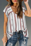 Striped Print Loose V Neck Short Sleeve Top