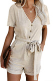 V Neck Short Sleeve Buttons Belted Romper with Pockets