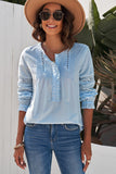 Sky Blue Lace Crochet Button-up Long Sleeve Shirt