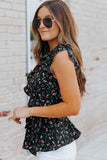 Black Floral Print Belted Ruffled V Neck Sleeveless Top
