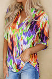 Tie Dye Button Tab-Sleeve V-Neck Blouse