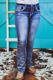 Sky Blue Embroidered Cow Straight Leg Jeans