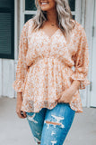 Floral Print V Neck Ruched Babydoll Blouse