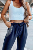 Deep Blue Rhinestone Tassel Trim Pocket Drawstring Jogger Pants