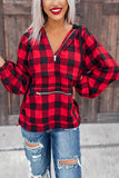 Buffalo Plaid Zipped Front Pocketed Hoodie