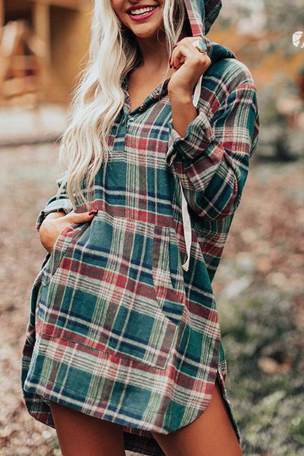 Hooded Button Placket Plaid Mini Dress with High/Low Hem