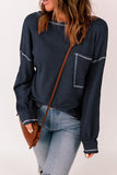Blue Contrast Stitching Trim Waffle Knit Pullover