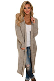 Khaki Open Front Knit Long Cardigan