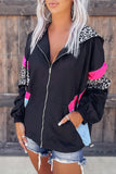 Leopard Color Block Pockets Zip-up Hooded Jacket