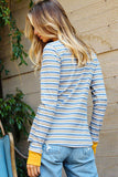 Striped Knit Button Neck Long Sleeve Top