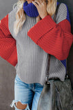 Khaki Long Sleeve Turtleneck Color Block Pullover Knit Sweater
