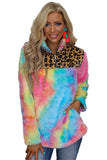 Tie-dye Fleece Sweatshirt with Leopard Splicing