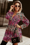 Rose Deep V Neck Cinched Waist Leopard Dress