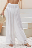 White Sheer Lace Bottom Splice Casual Wide Leg Pants