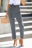 Gray Casual Paperbag Waist Straight Leg Pants with Belt