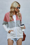 Zip Front Color Block Splicing Drawstring Hoodie