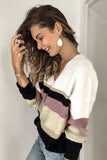 Khaki Colorblock V Neck Ribbed Knitted Sweater
