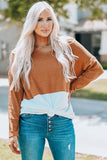 Brown V Neck Ribbed Knit Long Sleeve Top