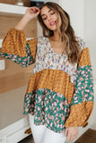 Green Color Block Floral Print Loose Blouse