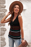 V Neck Striped Pattern Knit Tank Top with Buttons