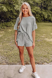 Ribbed Knit Ruffle Trim Casual Short Set