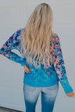 Blue Floral Print V Neck Long Sleeve Top