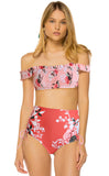 Off-the-shoulder Printed Smocked High Waist Bikini