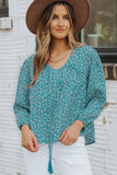 Sky Blue Floral Print Drawstring High Low V Neck Blouse